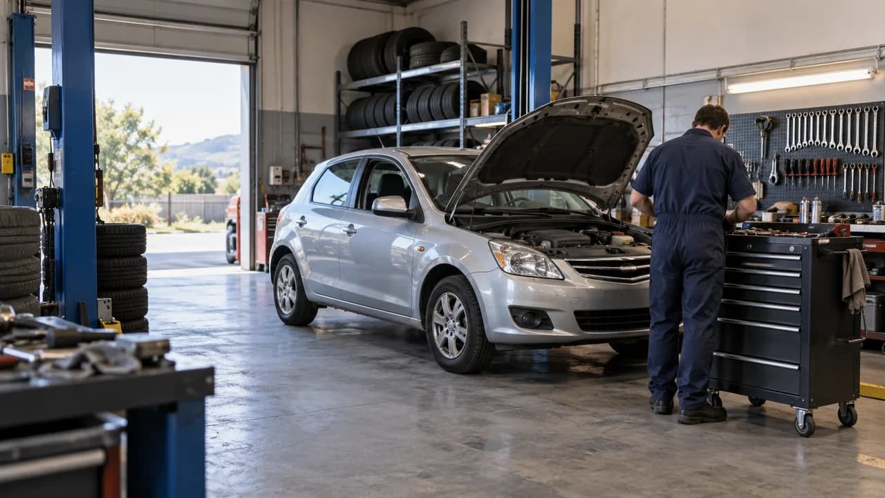 An automotive repair bay with a vehicle and workshop equipment.