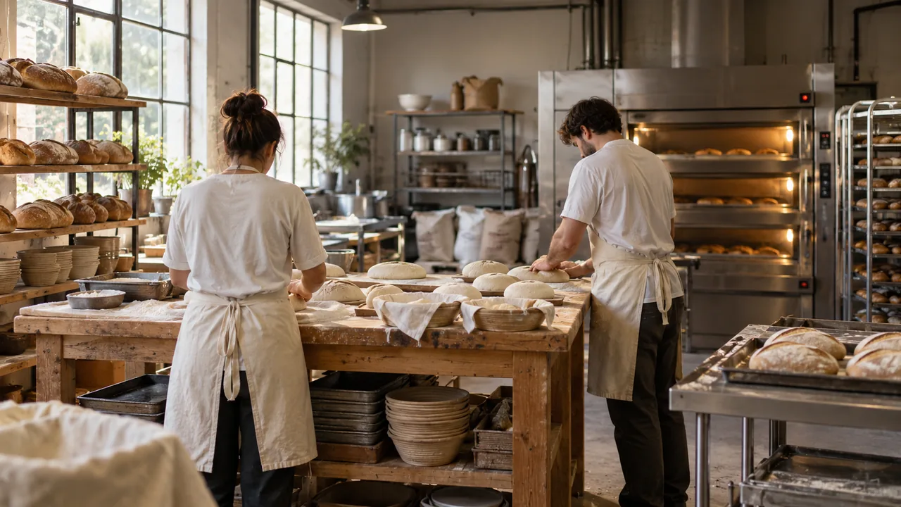 Bakers preparing dough at an artisan bakery workbench.