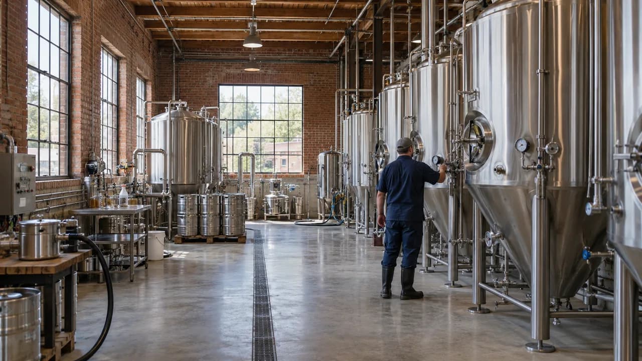 A brewery worker beside stainless steel brewing tanks.