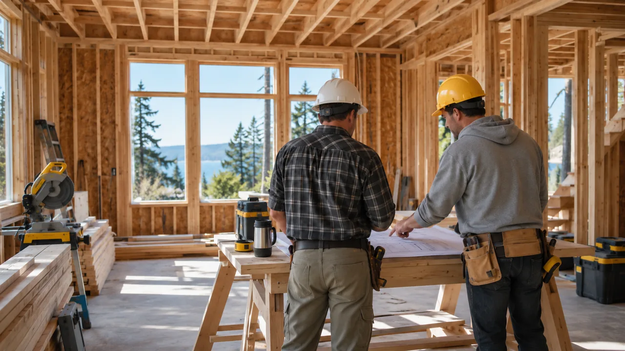 Builders working among timber framing at a residential remodel.