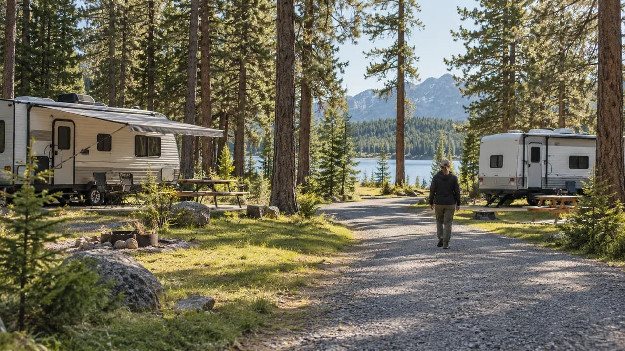 RV campsites among trees in a wooded campground.