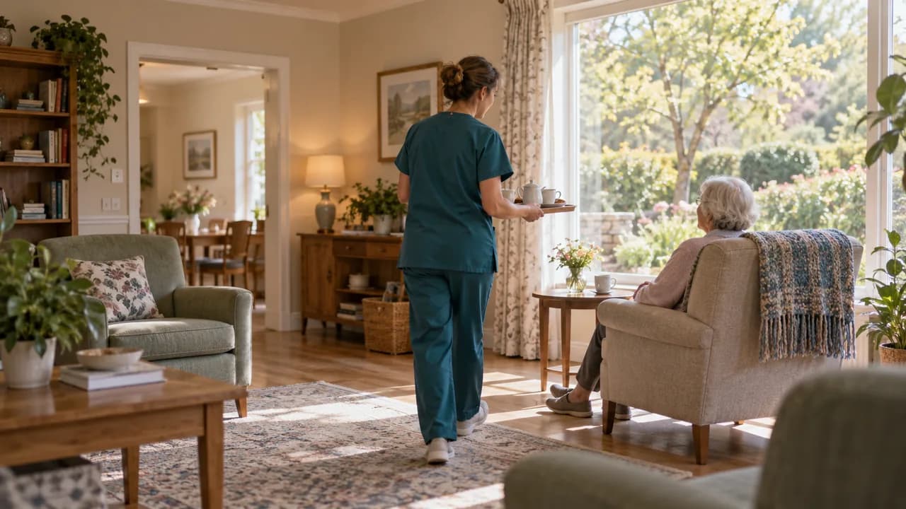 A caregiver in a calm assisted-living common room.