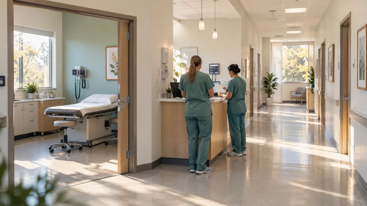 Clinic staff at a desk beside an open exam room in a small medical practice.