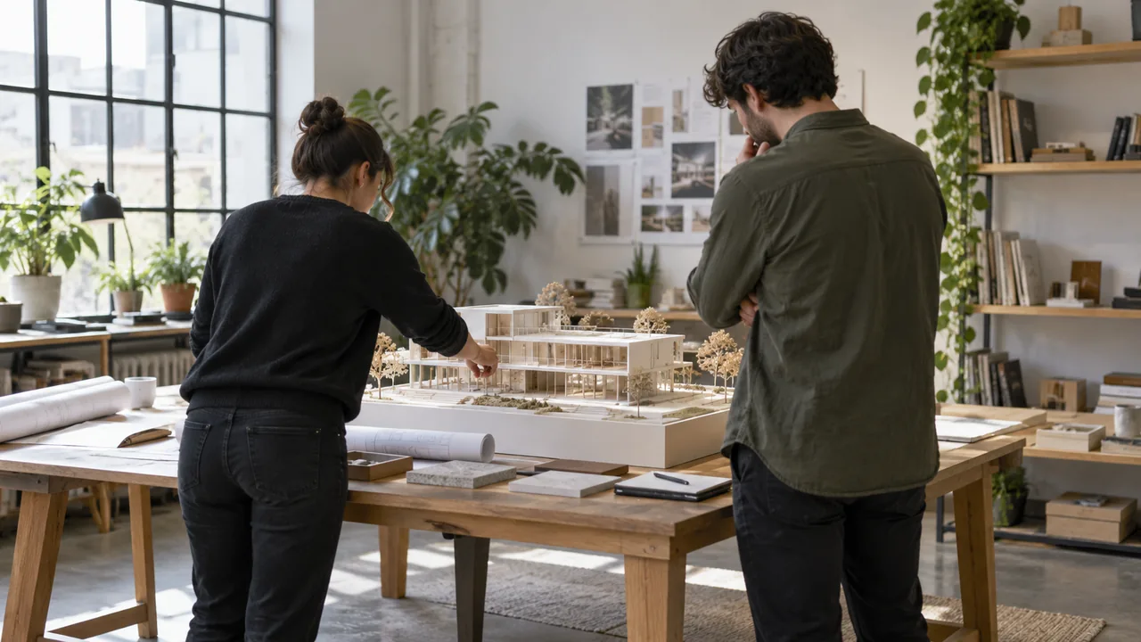 Designers reviewing an architectural scale model in a creative studio.