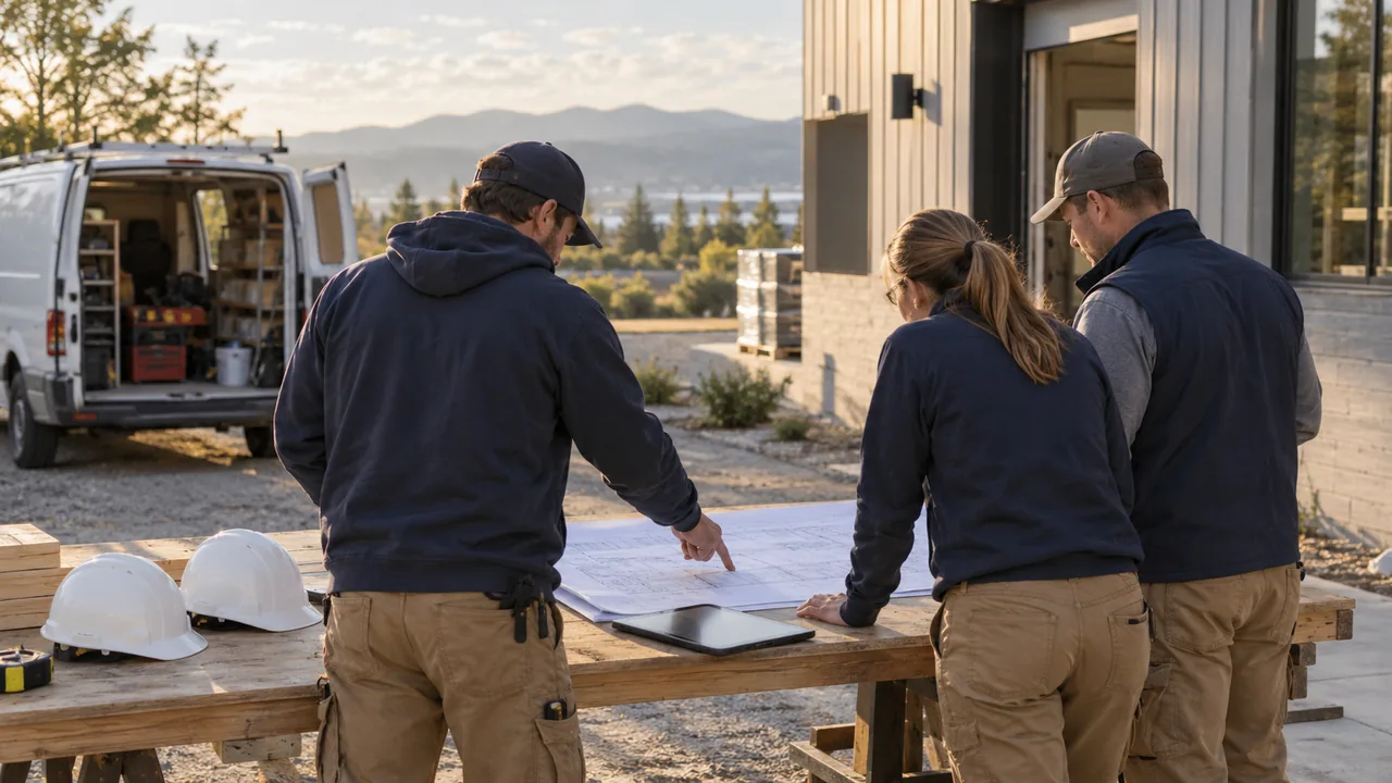 An on-site crew reviewing work plans outside a building.