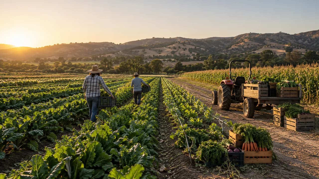 Farm workers and a tractor beside rows of crops at harvest.