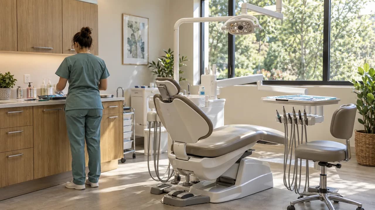 A dental treatment room with a reclining chair and examination equipment.