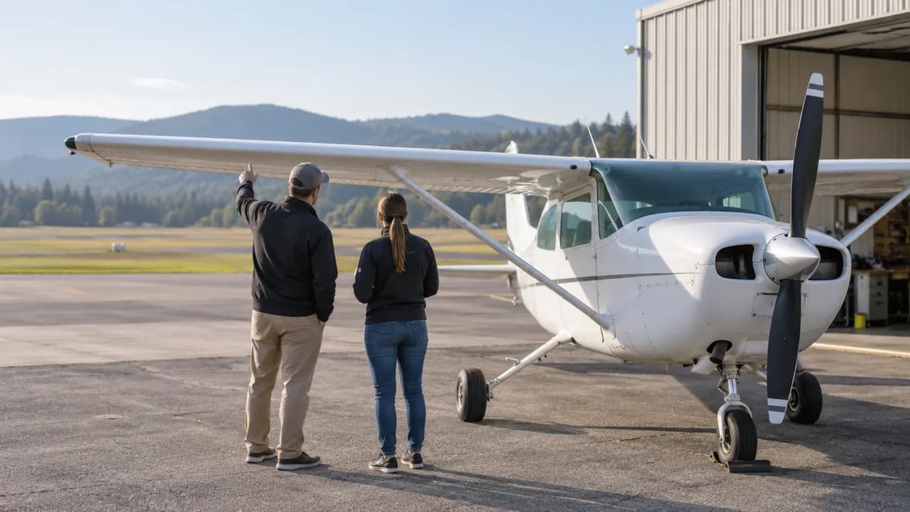 A flight instructor beside a small training aircraft.