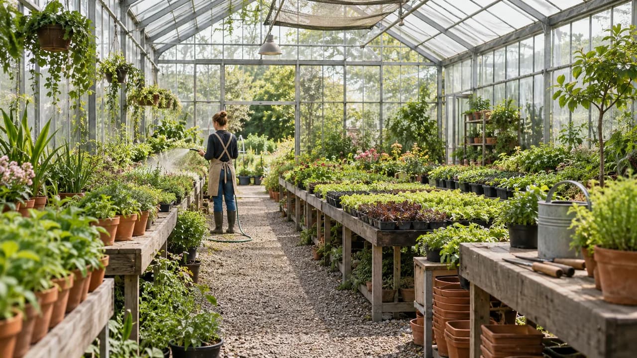 Nursery staff tending rows of plants inside a greenhouse.