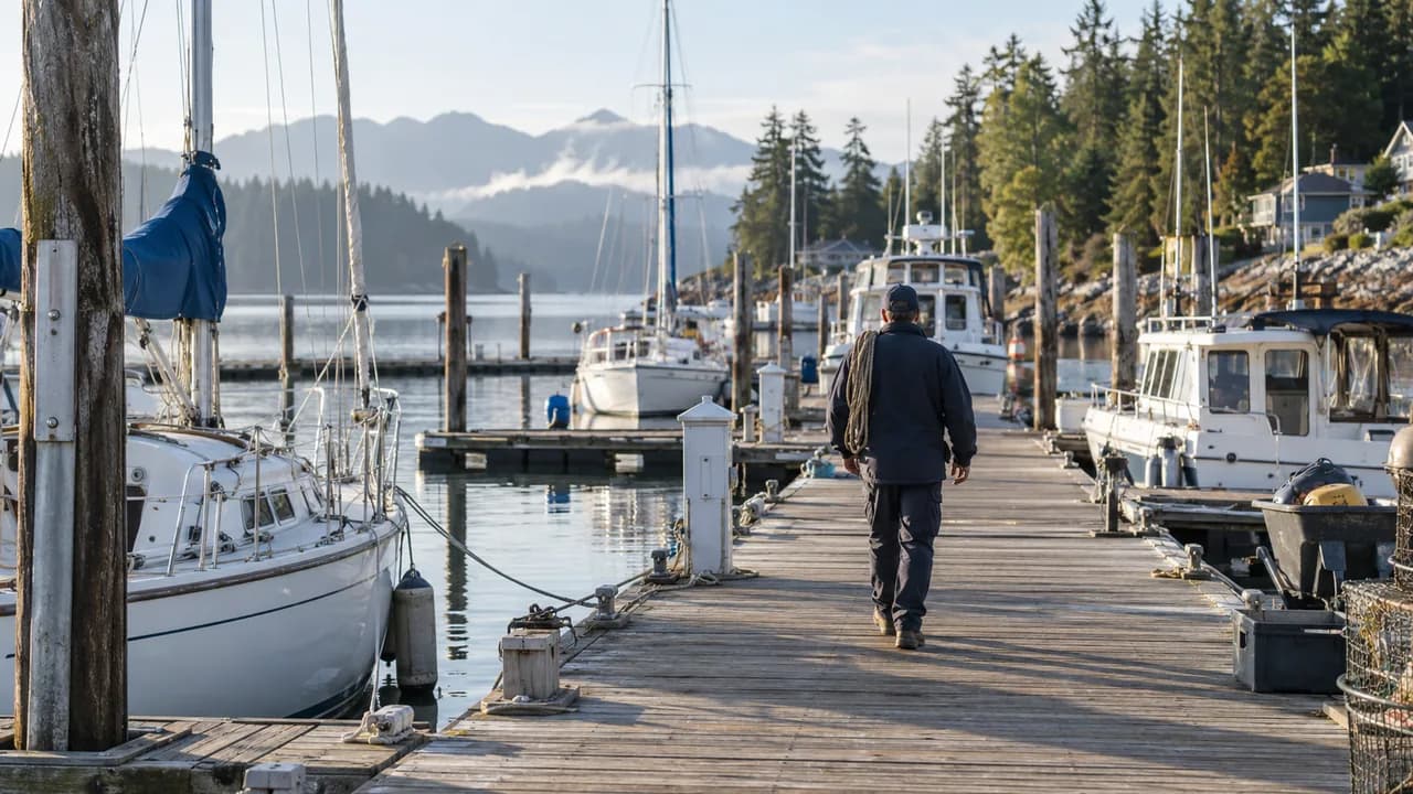 A dockmaster on a marina dock beside moored boats.