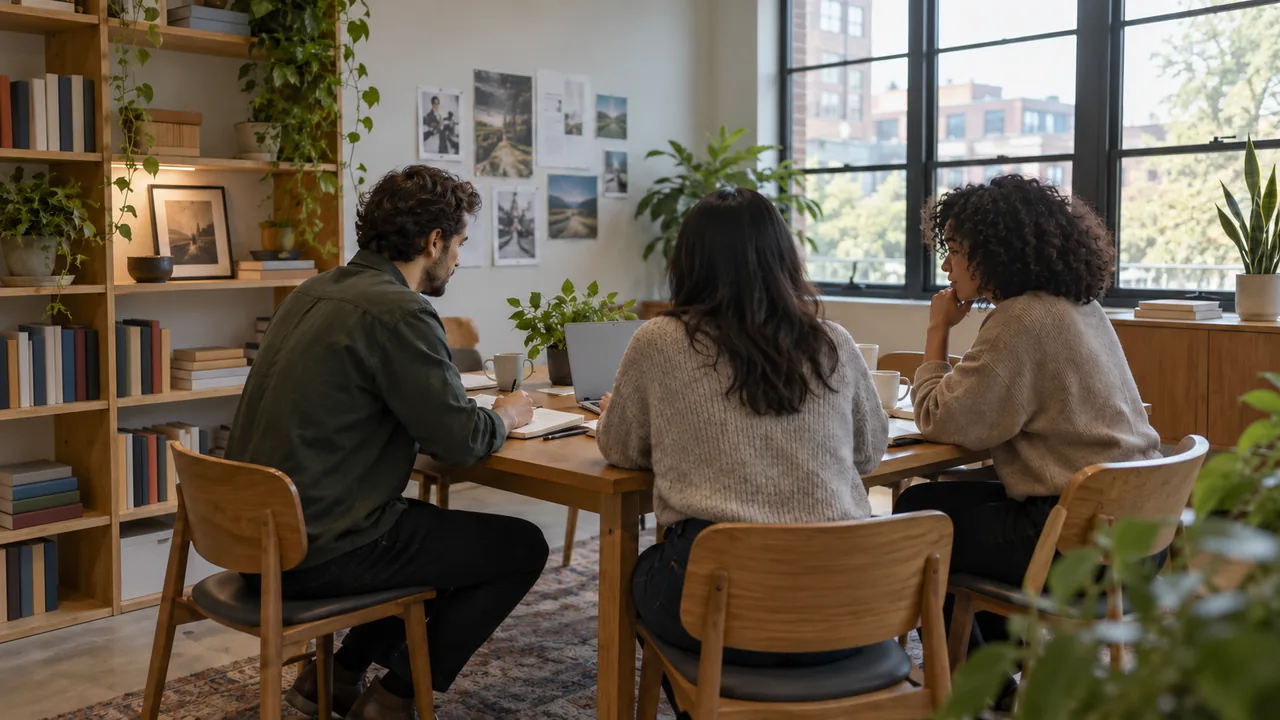 A small office team planning together around a table.