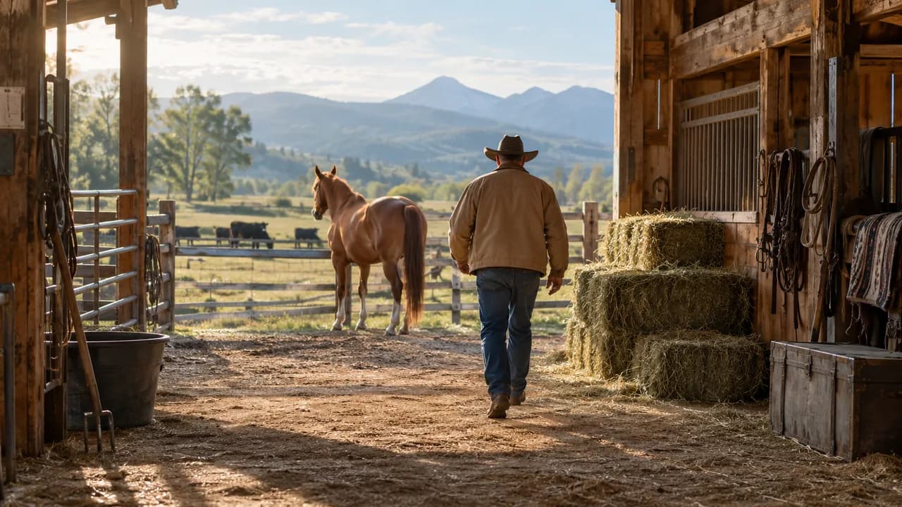 A rancher walking past a wooden barn toward a horse.