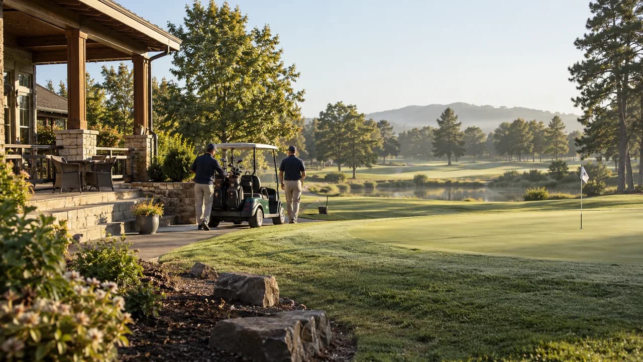 A golf clubhouse overlooking landscaped grounds.