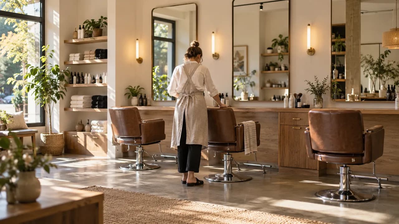 A stylist in a salon with mirrors and styling chairs.