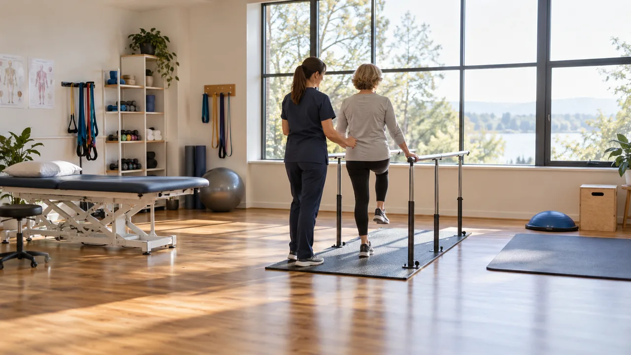 A therapist helping a person walk between parallel bars in a bright rehabilitation gym.