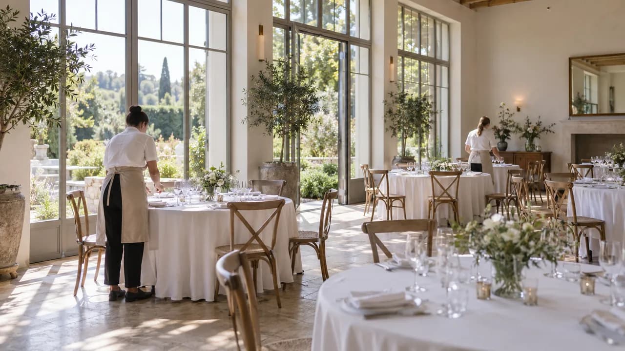 Staff preparing tables in an event dining space.