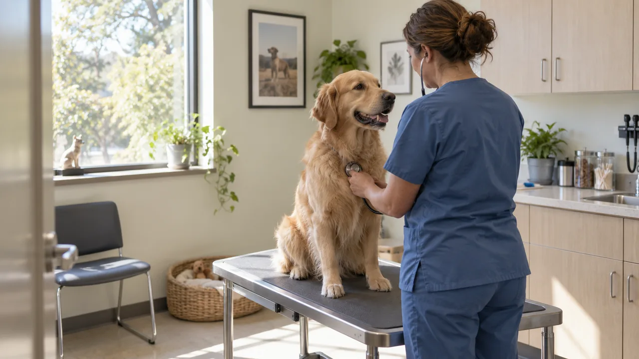 A dog in a veterinary examination room with clinic staff.
