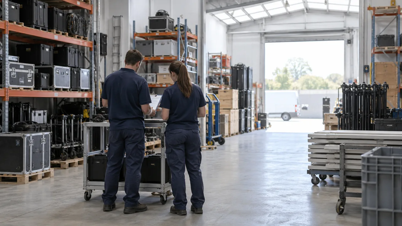 A dispatch team beside organized equipment shelves in a warehouse.