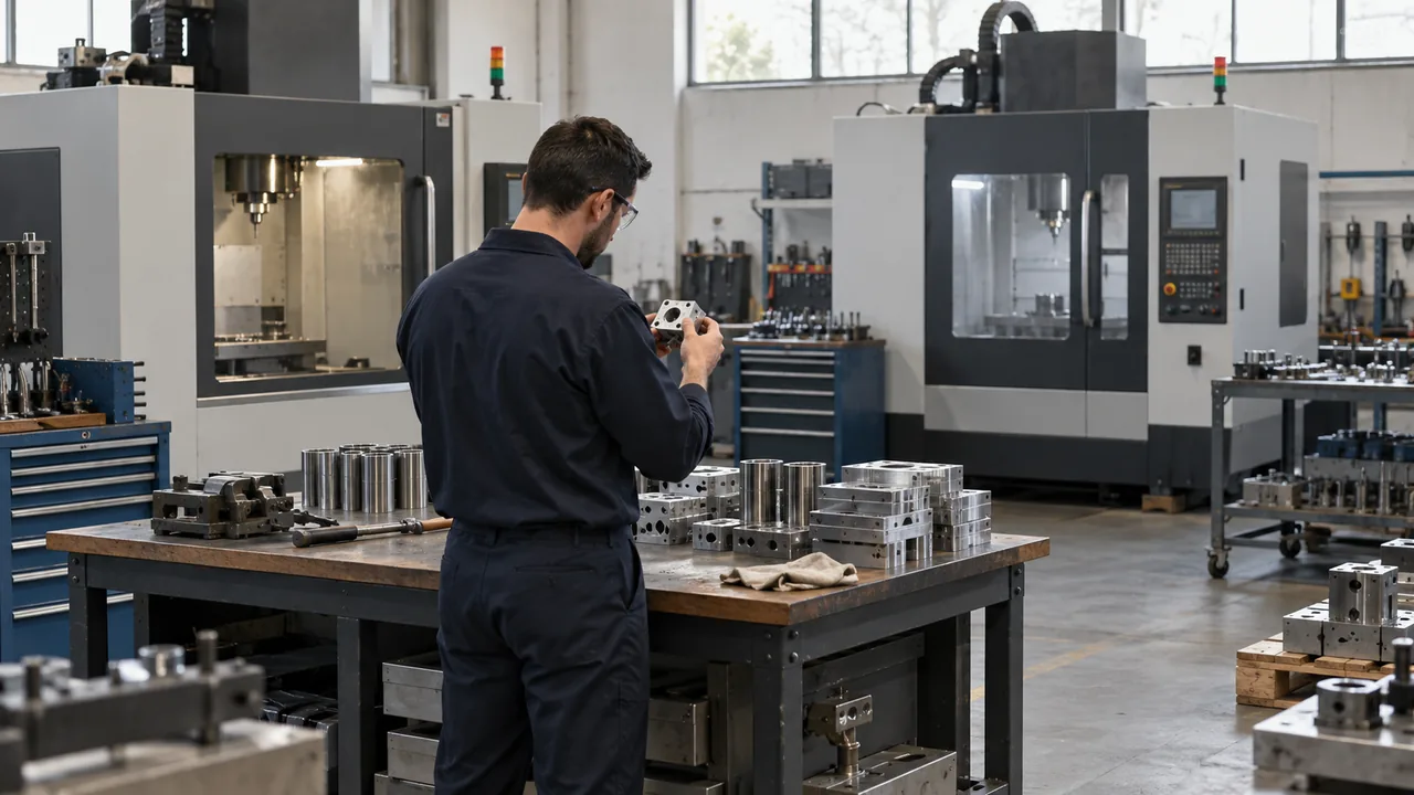 A machinist checking a part beside precision machines and workbenches.